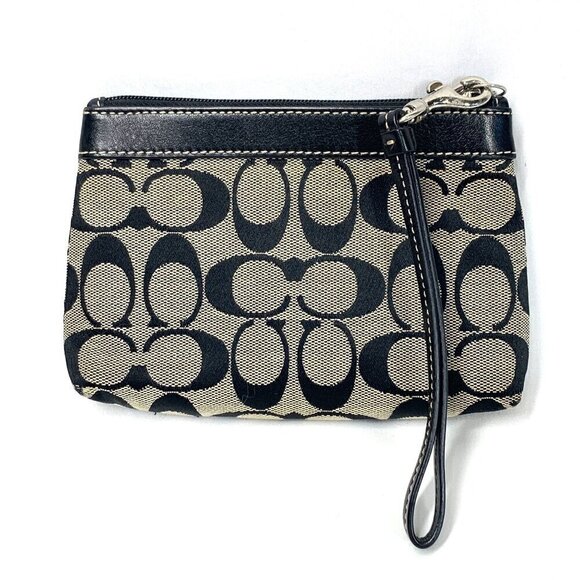 COACH Signature Pleated Wristlet Black & Grey Canvas & Leather 7" x 5" - Picture 4 of 9